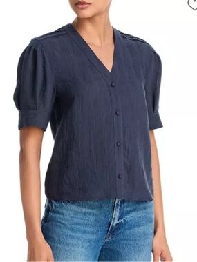 rag & bone Navy V-Neck Button-Front Puff Sleeve Top